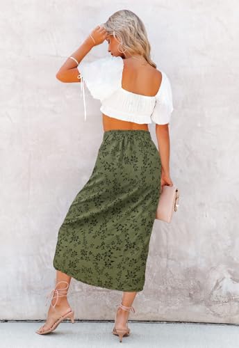 Image of HERBATOMIA Women's Floral Print Midi Skirt Casual High Elastic Waist Zipper Vintage Long Boho Skirts for Women