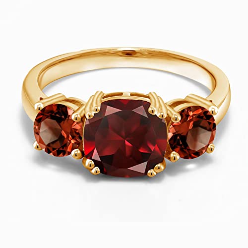 Gem Stone King 18K Yellow Gold Plated Silver Red Garnet 3 Stone Engagement Ring For Women (3.60 Cttw, Gemstone January Birthstone, Cushion 8MM, Available in Size 5,6,7,8,9)3