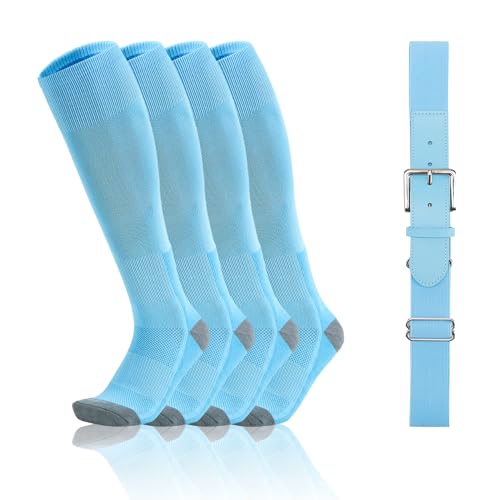 QBK Toddler Baseball Socks And Belt Youth Softball Tee Ball Combo Set for Boy Girl (2 Pairs of Socks & 1 Belt) Blue 14-16Y