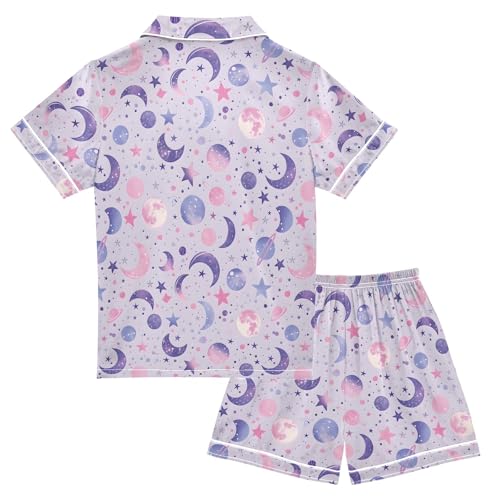 Bright Purple Moon Summer Satin Pajama Set, Cute Button-Down Sleepwear Pj Set for Sleep Wears2
