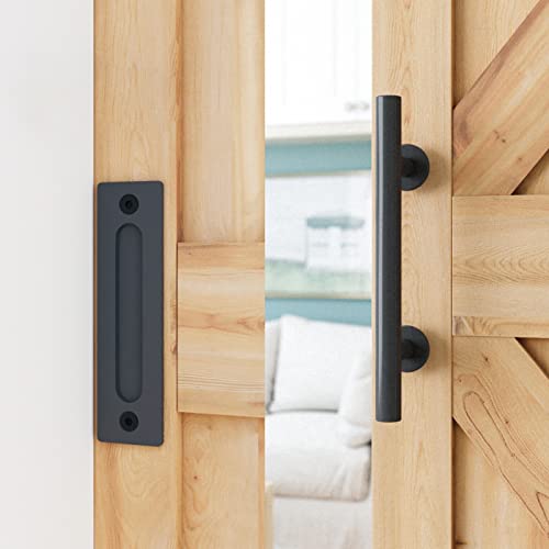 Smartstandard 10 Ft Heavy Duty Sturdy Sliding Barn Door Hardware Kit, Black, (Whole Set Includes 1X Pull Handle Set & 1X Floor Guide) Fit 60" Wide Door Panel (I Shape Hanger) #TOP7