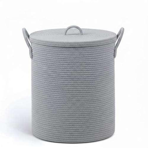 Image of Basket with Lid, 15 inch x 20 inch Woven Storage Basket for Blankets, Toys, Pillows, Towels, Living Room Bedroom Storage Bin, Round Rope Basket with Lid, Wicker Baskets for Organizing (BG2)