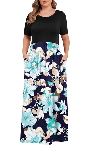 Image of KARALIN Women Plus Size Maxi Dress Short Sleeve Round Neck Loose Fit A-Line | Plus Size Long Dress,Summer Casual Maxi Dresses,Short Sleeve,Side Pockets,Round Neck,Elastic Waist,14 Plus - 26 Plus