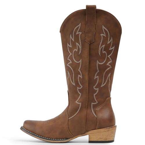Image of IUV Cowboy Boots for Women Mid Calf Fashion Cowgirl Boots with Embroidery Western Snip Toe