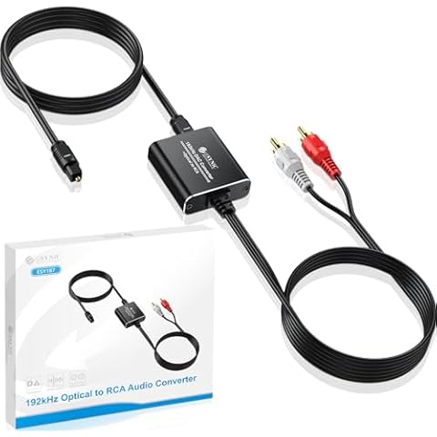 eSynic Professional Optical to RCA Converter Aluminium Alloy 192KHZ DAC Digital to Analog Audio Converter Portable Optical to RCA Adapter 2.1m/7ft Optical Audio RCA Cable for HDTV Blue-ray Players etc Cover