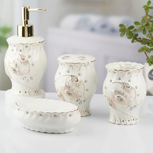 Image of Kookee Ceramic Bathroom Set - Stylish 4 Piece Bath Accessories Kit with Soap Dispenser, Toothbrush Holder, Tumbler & Soap Dish - Modern & Designer Decor, White /Silver /Gold (10102)