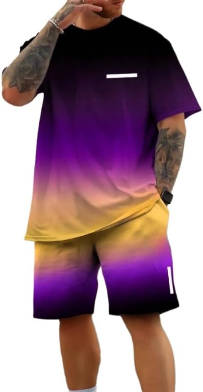 Men's letter printed T-shirt shorts set casual loose short sleeved top beach pants two-piece set