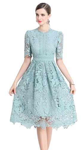 Image of LAI MENG FIVE CATS Women's Lace Floral Short Sleeve Crochet Waist Cocktail Midi Dress