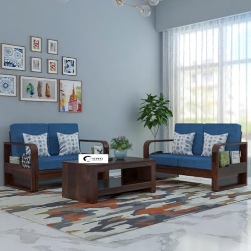 Image of Solid Sheesham Wooden 4 Seater Sofa Set for Living Room | Sofa Set with Side Pocket Storage & Cushion | Rosewood Sofa Set for Home (Walnut with Blue Cushion, 4 Seater)