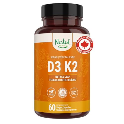 Nested Naturals – Vitamin D3+K2 | Supports a Healthy Immune System, Heart, & Strong Bones | 100% Vegan & Non GMO | 5000 IU Vitamin D3 from Lichen with 100 mcg Vitamin K2 MK-7-60 D3K2 Capsules