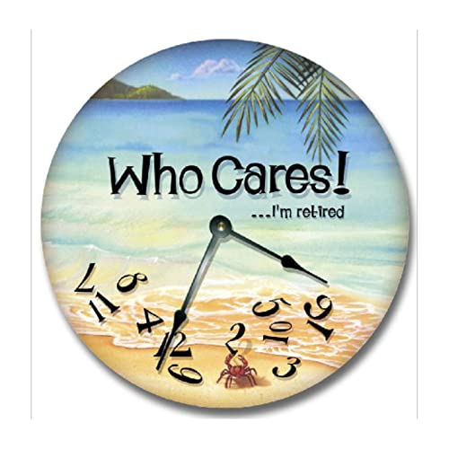 Who Cares I'm Retired Wall Clock Beach Themed Wood Clock 10 Inch Silent Non-Ticking Wooden Wall Clocks Battery Operated Living Room Bedroom Kitchen Farmhouse Decor Christmas Birthday Gift