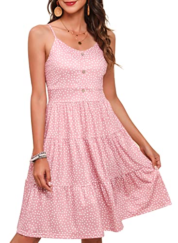 Image of YATHON Sundresses for Women Casual Summer Beach Sleeveless Spaghetti Strap Dress Button Down Ruffle Flowy Pleated Dresses