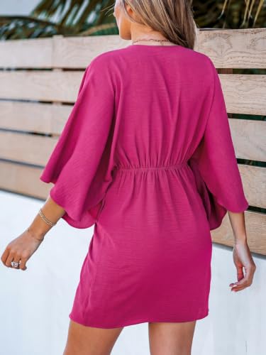 Image of CUPSHE Womens Vacation Mini Summer Dress V Neck Kimono Sleeve Belted Flowy Loose Resort Wear Casual Beach Cover Up Dress