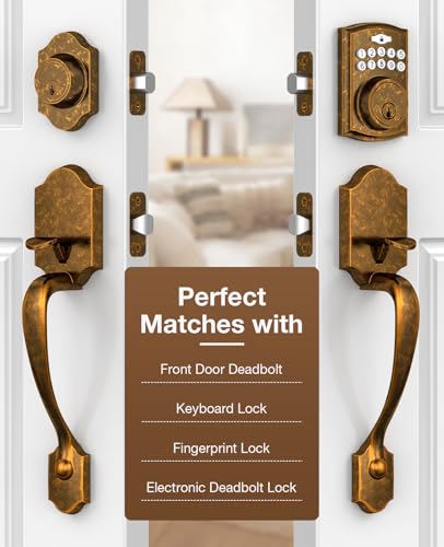 Image of Brightify Vintage Brass Front Door Handle No Lock, Classic Exterior Door Handle, Entry Door Handle Reversible for Left & Right Hand Doors