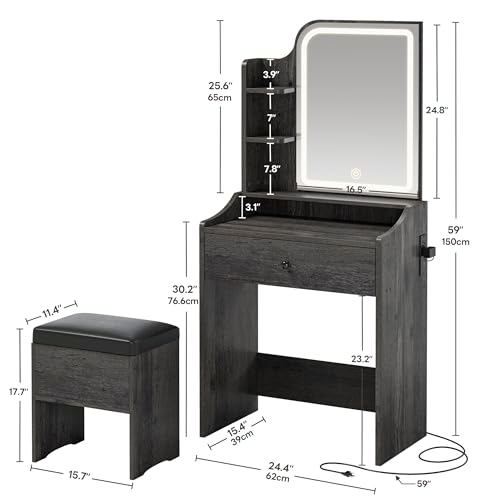 Image of LIKIMIO Small Vanity Desk with Mirror Lights and Storage Stool | Charcoal grey compact vanity with 3 light modes, charging station, storage drawer, 3 shelves and upholstered stool