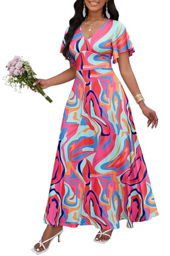 Nmoder Womens Casual Maxi Dress V Neck Ruffle Short Sleeve
