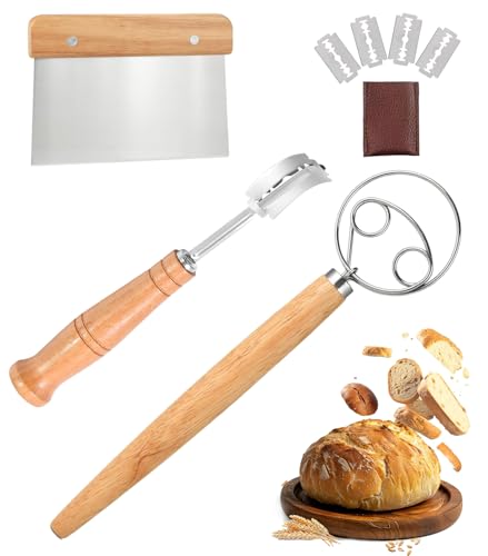 3er-Set Dänischer Teigbesen - Teigkarte - Teigmesser, 33 cm Teigrührer aus Edelstahl mit Eichenholzgriff, mit 5 Klingen und Aufbewahrungstasche, perfekt für Brotformgebung, Brotbacken