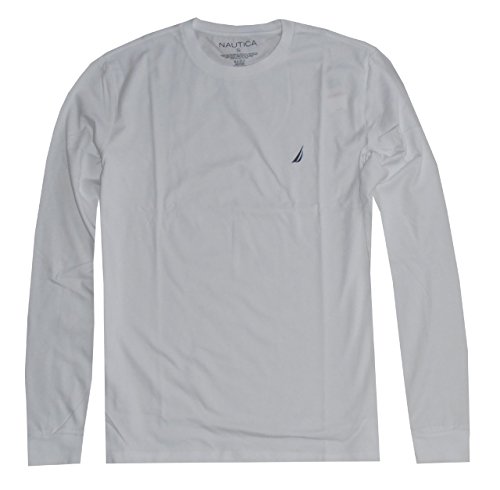 Nautica Men Long Sleeve Solid Crewneck Logo T-Shirt (XXL, White)
