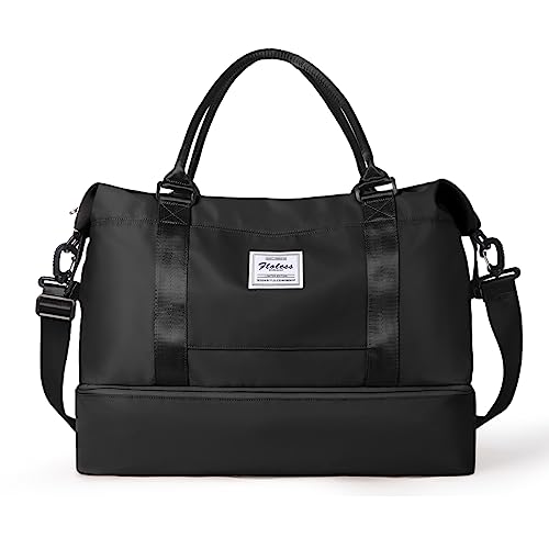 Travel Weekender Gym Carry On Overnight Hospital Bag with Shoe Compartment, Wet Pocket - Black