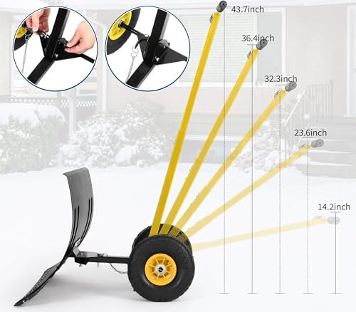 Heavy-Duty Adjustable Snow Plow with Wheeled Design for Driveways and Sidewalks, Height & Angle Adjustable Handle (29.1" W x 16.5" H) - Effortless Snow Removal