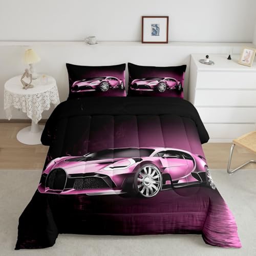 Feelyou Sports Car Comforter Pink Race Car Comforter Set for Kids Boys Girls Extreme Sports Theme Bedding Set Cool Speed Luxury Car Decor Quilt Set with 2 Pillowcases 3Pcs Bedding King Size