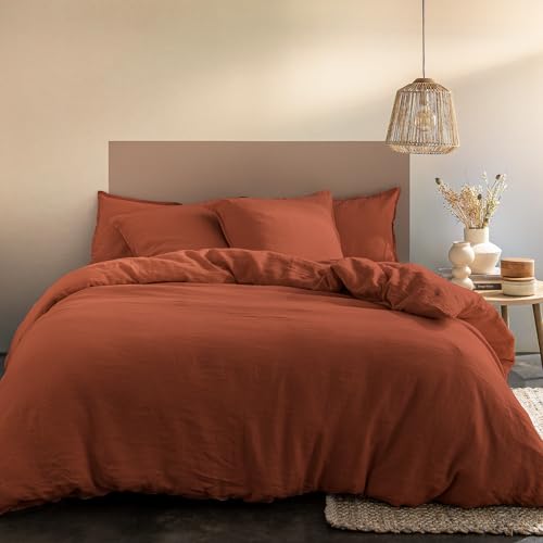 MATT & ROSE Parure de lit Unie Passion Lin 2 Personnes | 100% Lin Lavé | Oeko-TEX® Standard 100 | Housse de Couette 240x220 + 2 Taies d'oreiller 50x70 cm | Sienne
