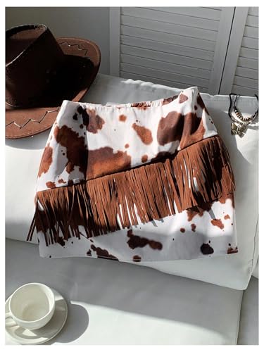 SOLY HUX Women's Cow Print Fringe Mini Skirt Summer Going Out Skirts Western Country Concert Outfit4