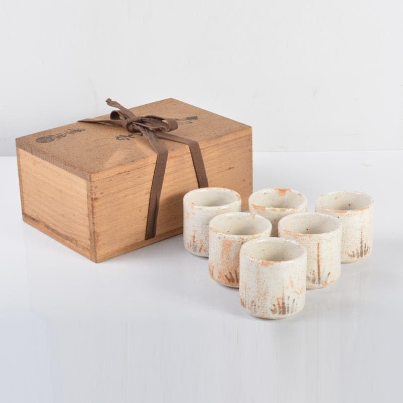 美濃焼 林景正作 草文 ぐいのみ 六客 共箱 V 4184