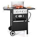 GREEN PARTY 2 Burner Griddle Grill Combo, 2 in 1 Propane Gas BBQ Grill w/Cast Iron Plate, Outdoor Flat Top Grill, 20,000 BTU Output Small Propane Barbecue Grill for Camping, Patio, Backyard, Balcony