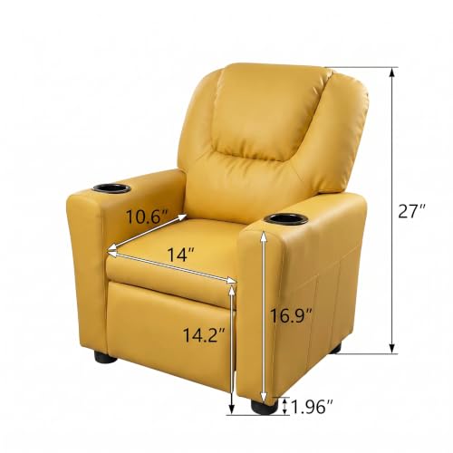 Image of 23 inch W PU Leather Recliner Chair with Cup Holder and Recline, Yellow | Mini Recliner Chair Comfort with Adjustable Footrest & Backrest, Youth Boys Girls Recliner for Reading, Gaming, TV, Lounging