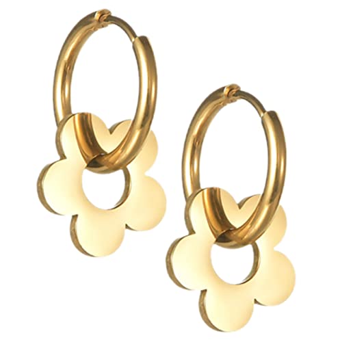 DEARMAMY 1 Par pendientes de flores de oro pendientes de aro doble semental colgar abeja pendientes de oro pendientes para mujer de moda pendientes elegantes para mujer Acero inoxidable