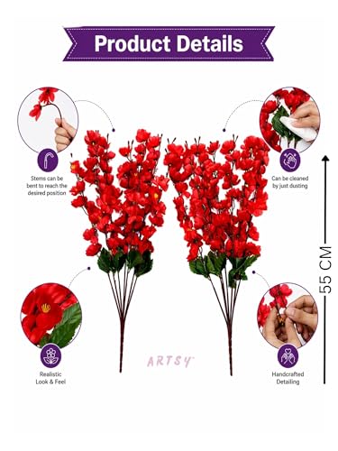 Image of ARTSY Artificial Flowers Bunch for Decoration Cherry Blossom, Ideal for vase, Home, Office Decor, Gifts, Craft, Artificial Plants for Decoration, Without vase, Red, Combo, 2 Piece, 55 cm Height |