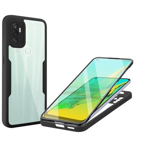 YUECXIN Cover per Oppo A53s / A53 Antiurto a 360° con Protezione dello Schermo Integrata + Cover Retro Trasparente Rugged, Custodia Bumper in Silicone TPU, Nero