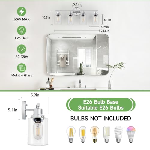 Image of 4-Light Bathroom Light Fixtures, Modern Chrome Vanity Lights for Bathroom with Clear Glass Shade, Wall Lamps for Mirror Hallway Kitchen Cabinet Living Room Sconces Lights