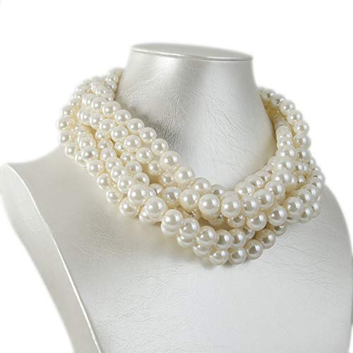 Kalse Simulated Pearl Cluster White Beads Twisted Statement Chunky Bib Short Choker Necklace3