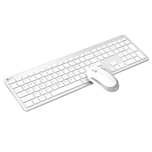 iClever Wireless Keyboard and Mouse, GK08 White Keyboard Mouse Combo, Ergonomic, Quiet, Full Size Design with Number Pad, 2.4G Connection for Mac, Windows and Computer