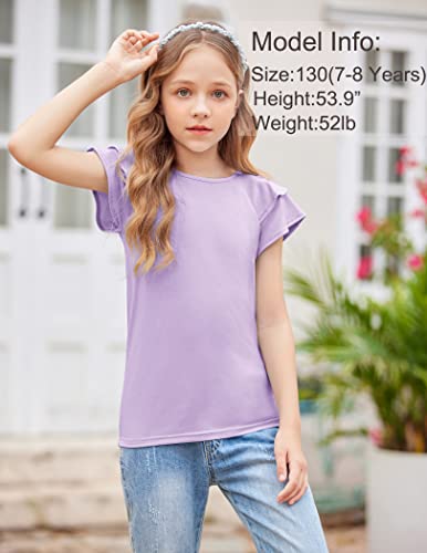 Image of Girls T Shirts Ruffle Short Sleeve Round Neck Loose Blouse Summer Solid Color Casual Girl Tee Tops for 3-12 Years