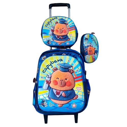 Kit Mochila Capybara Azul em 3D com Rodinhas + Lancheira Térmica + Estojo Escolar Infantil da Capivara em Alto Relevo Menino