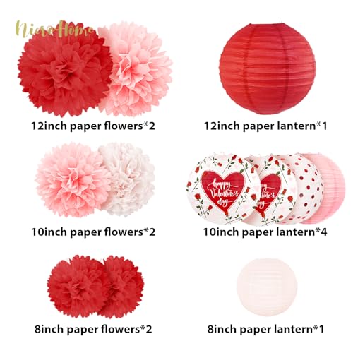 Image of NICROHOME EUR Valentine's Day Decorations, 12 PCS Pink Red Love Tissue Paper Pom Poms and Lanterns Set, Red rose heart printed paper flowers for Valentine's Day Party Supplies