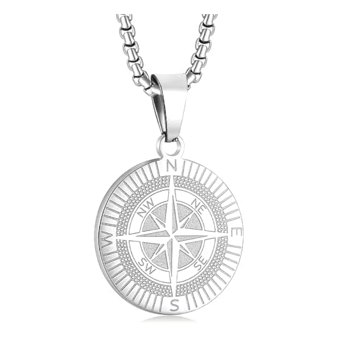 Yaumatea Men's Compass Pendant Necklace, Stainless Steel Navigator Amulet, Inspirational Guidance Jewelry, Waterproof & Sweatproof, 22+2” Chain (Compass, Silver) Cover