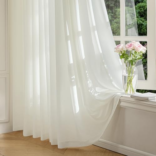 Image of FMFUNCTEX Sheer Non-See-Through Netural Beige Curtains for Bedroom, Faux Silk that Let Light Curtains 84 inches Long Light Filtering Privacy Sheer Drapes for Living Room, Rod Pocket 2 Panels Set