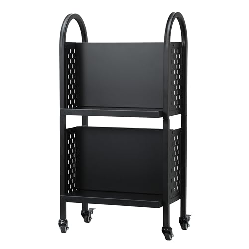 Rolling Library Book Cart – Moveable Book Organization Solution with Lockable Wheels, 34" Tall and Double-Sided for More Storage Space – 100 LBS Capacity, Compact & Lightweight – Rust-Proof & Durable - Thumbnail 3