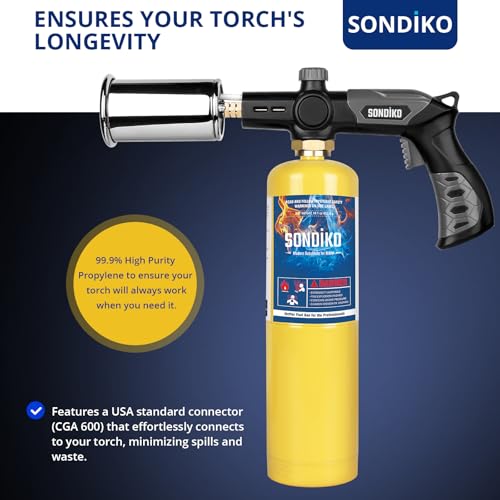 Image of Sondiko Propane Torch with Pre-Filled Cylinder, Powerful Propane Torch Head L8010, Sous Vide, Adjustable Campfire Starter with Standard Propane Fuel Cylinder for Searing Steak, BBQ, Welding