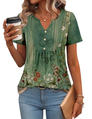 Zeagoo Womens Short Sleeve Tops Summer Henley V-Neck Tshirts Casual Pleated Blouse Dressy Loose Floral Basic Tee