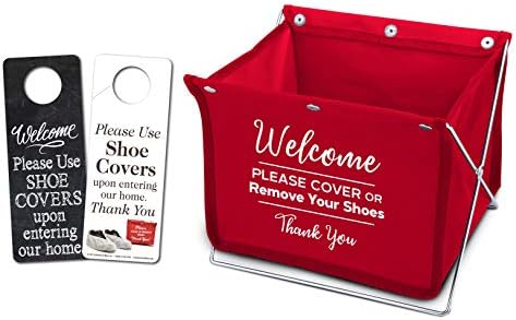 Foldable Shoe Cover Holder (Red) with Bonus Please Use Shoe Covers, Double Sided, Door Hanger