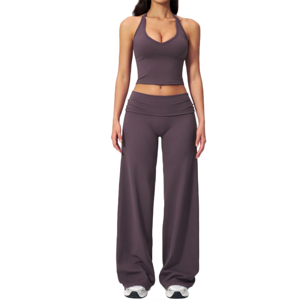 JPXJGT Women's 2pcs Lounge Set Gym Crop Top Flared Yoga Pants Workout Leggings Yoga Sweatsuit Casual Outfits Set(Size:XL,Color:Purple)