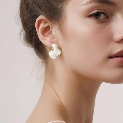 Irregular Statement Earrings for Women Unique Stainless Steel Petal White Enamel Large Stud Trendy Jewelry4