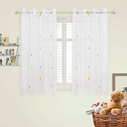 Mysky Home Sheer Curtains For Living Room 63 Inches Long 2 Panels Faux Linen Embroidered Yellow Grey Raindrop Semi Sheer Voile Window Curtains Drapes For Kids Room Grommet Top #TOP29
