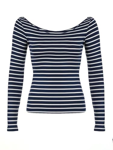 Image of Women Off Shoulder Striped Long Sleeve Top 2026 Fall Going Out Tee Shirts