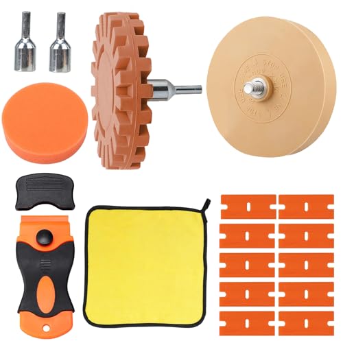 Folienradierer, Aufkleber Radiergummi Set, Folienradierer mit Adapter, Radierscheibe, Radierer Aufkleber Entferner, Schaber Kunststoff mit 10 Kunststoffklinge, Für selbstklebende Rückstände auf Autos